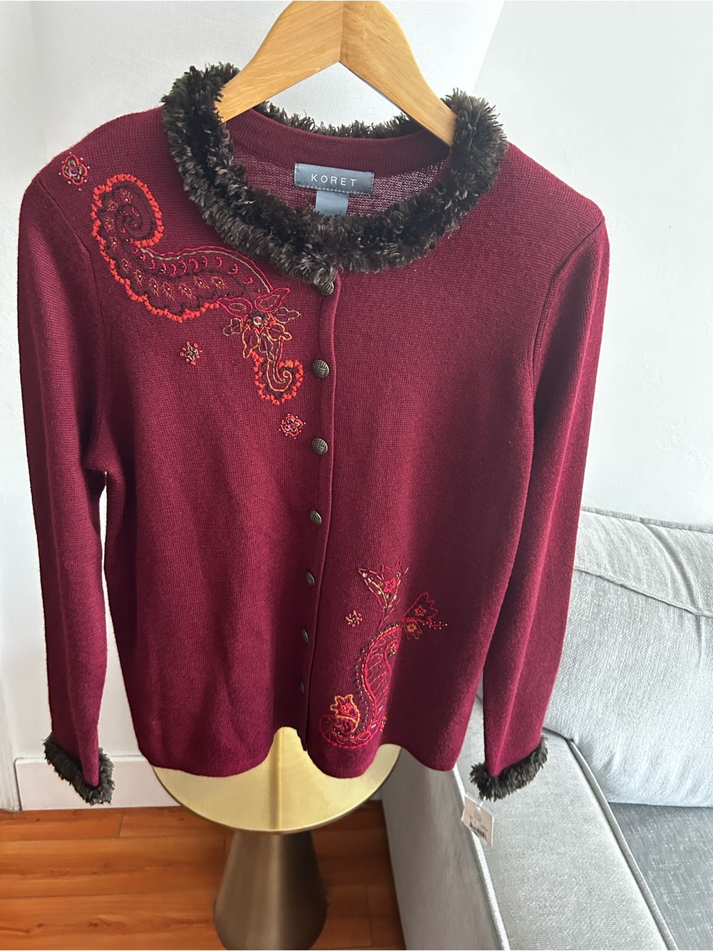 Vtg Y2K 90s Koret Cottage Sweater Embroidery Paisley Cardigan Burgundy Fall